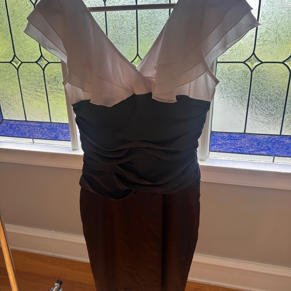 Bebe White, Grey, Brown Sheath Dress with Flutter Cap Short Sleeves V-Neck